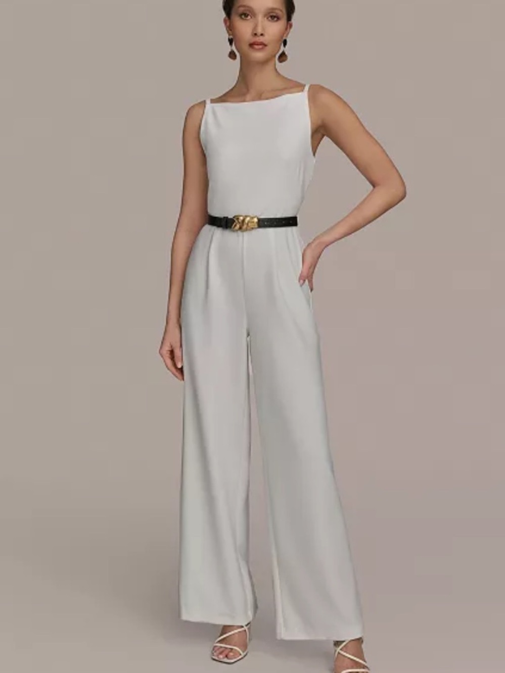Donna Karan New York Ivory Wide Leg Belted Jumpsuit Size 4 NWT Gold Buckle
